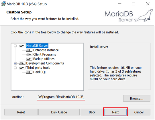 a screenshot of MariaDB installation
